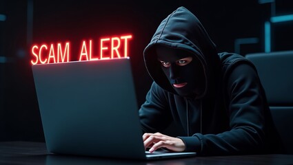 Poster - A hooded figure wearing a mask focuses intently on a laptop, with a glowing 'SCAM ALERT' sign in the background.