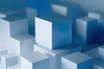 Aufkleber - 青いグラデーションと影のある背景に配置された立体的な白い立方体構造のデザイン
