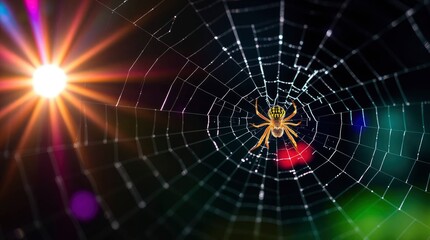 Golden spider sits poised in the center of its intricate web, bathed in colorful ethereal light.