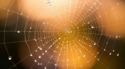 An intricate spiderweb glistens with dewdrops, showcasing the delicate beauty of nature on a warm,