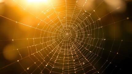 Delicate spiderweb glistening with morning dew, illuminated by the warm, golden light of sunrise