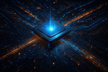 Leinwandbilder - Futuristic Computer Processor Illuminating Data Pathways in a Dark Digital Environment
