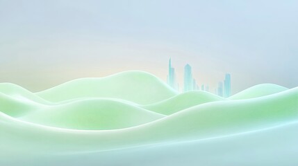 Aufkleber - 抽象的な緑色の波状地形と透き通った未来都市のデジタルイラスト 水色と黄色のグラデーションの背景