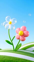 Aufkleber - 青空の下 鮮やかなピンクと透明な花のイラスト 芝生の丘と雲の装飾 背景に幸せな夏をイメージ