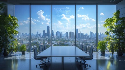 Aufkleber - 高層ビルの窓から見える都市景観 会議室のテーブルと椅子が配置された明るい日中の光景