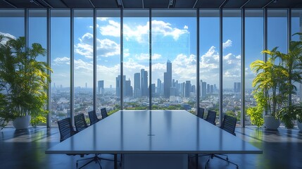 Aufkleber - 都会の会議室の大きな窓からの眺め 明るい空と都市景観の背景 植物とテーブルが前景にあるモダンなオフィスインテリア