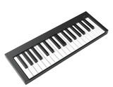 Close-up of a sleek, black piano keyboard with white and black keys