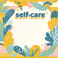 Wall Mural - the words self care surrounded by colorful stylized leaves suggesting a theme of nurturing well bein