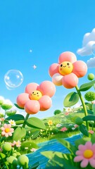 Aufkleber - 鮮やかなピンクの花と青い空の下の緑豊かなフィールドのイラスト