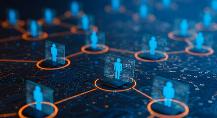 Poster - Abstract Digital Network Connection Structure with Blue and Orange Light Glowing Background