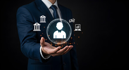 Poster - Businessman Presenting Digital Banking and Finance Technology Concepts on Black Background