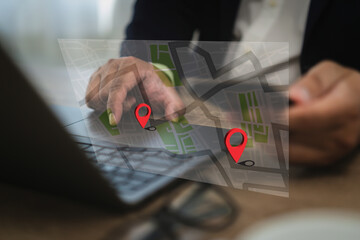 Poster - man using gps navigation on smartphone GPS Map to Route Destination network connection Location Street Map with GPS