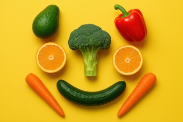 Aufkleber - Colorful Arrangement of Fresh Vegetables and Fruits Creating a Happy Face on a Yellow Background in a Playful and Artistic Display