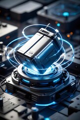 Aufkleber - 青い光のエネルギーデバイスが浮かぶ金属製プラットフォーム 未来的なテクノロジーコンセプト