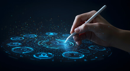 Poster - Hand Interacting with Circular Blue Digital Interface for Future Technology and Innovation on Dark Background