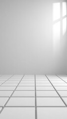 Aufkleber - Window light illuminating white tiled abstract and creating floor shadow on white wall. Abstract background