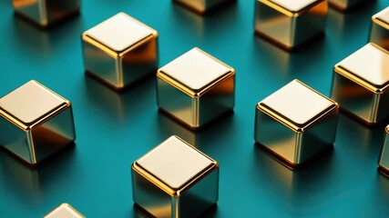 Poster - Golden cubes reflecting light on turquoise surface in dynamic sequence