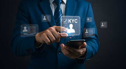 Poster - Man in Blue Suit Interacting With Digital KYC Interface Holding Smartphone