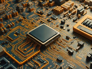 Aufkleber - 精巧な電気回路基板のクローズアップ 未来的なテクノロジーのデザイン オレンジと黒の抽象的な背景
