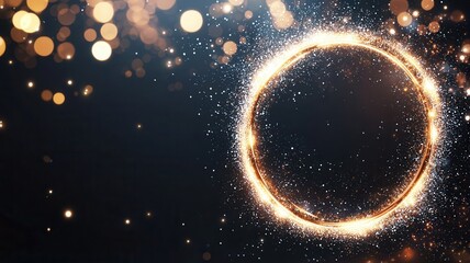 Poster - Golden ring glowing in dark night sky with nebula, stars, and golden particles, creating a magical and cosmic atmosphere