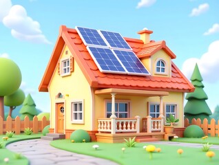 Poster - 鮮やかなイエローの家 屋根に青いソーラーパネルと庭の緑の芝生がある風景