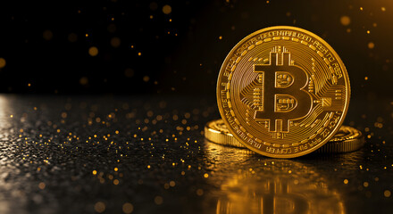 Aufkleber - Golden Bitcoin Coins on Dark Reflective Surface With Bokeh Lights Investment and Digital Currency Concept