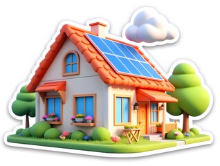 Aufkleber - 太陽光発電パネルを備えた可愛らしい3Dイラスト住宅 オレンジ色の屋根と緑の庭 白い背景に分離