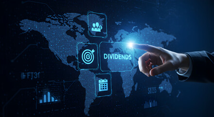 Poster - Hand Touching Dividends on a Digital World Map in Deep Blue Background with Illuminated Effect for Business Investment