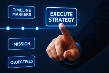Poster - A business professional uses an interactive interface to execute strategy by aligning mission objectives and timeline markers emphasizing efficient decision-making and focused work processes