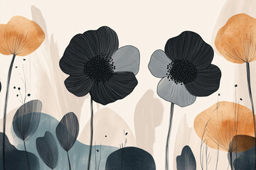 Poster - Stylized floral illustration featuring dark and light gray flowers, orange and beige abstract shapes, creating a serene and elegant aesthetic, ideal for home decor