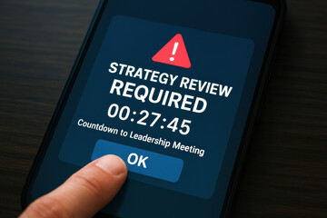 Poster - A business decision notification on a mobile device highlights the urgency a strategy review before a leadership meeting emphasizing effective work planning and organizational focus