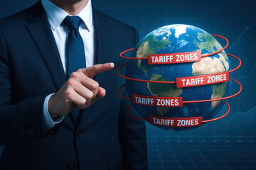 Poster - A business professional analyzes global tariff zones on a projected Earth model emphasizing strategic decision-making and market efficiency