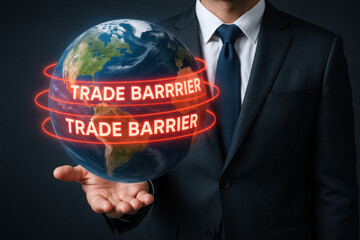 Poster - A businessman strategically presents a glowing Earth symbolizing global trade barriers tightening around key continents highlighting leadership and decision in business growth
