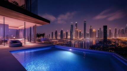 Aufkleber - 都市夜景プールサイドからのパノラマビュー 青いライトと輝く夜空 モダンな建築と高級リゾートの風景