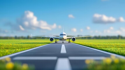 Aufkleber - 航空機の正面ビュー 青い空の下の滑走路に位置し 鮮やかな緑色の草地と明るい雲が背景に広がる