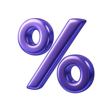 Purple Percent Symbol: A 3D rendered purple percent symbol isolated on a white background, offering a vibrant and dynamic visual representation of discounts and savings.