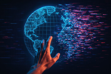 Aufkleber - A single hand reaching toward a digital wireframe globe unraveling into fragments symbolizes innovative strategy and decision-making in global business growth