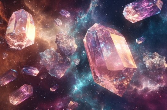 Digital artwork of floating crystals in an abstract