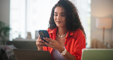 Poster - Mobile, remote work and woman in home office with internet for social media marketer, ads or promotion. Smile, freelancer and phone for chat app, communication and review message for online campaign