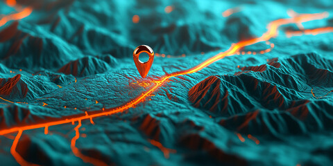 Poster - Abstract 3D render of teal mountains with orange road, featuring a golden location pin, showcasing navigation, travel, or exploration concept