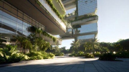 Aufkleber - 緑豊かな都市建築と緑地の日中のシーン 未来的なデザインと環境に配慮した建物 外観と自然のコントラスト 太陽光が当たる緑の葉と影