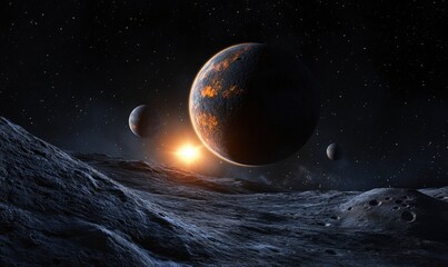 Wall Mural - Alien Planet: Dramatic Celestial Scene with Sunset