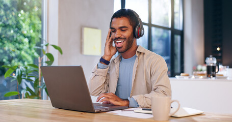 Fototapete - Remote work, happy man and laptop in home with headphones, productivity or positive feedback for article. Creative writer, music or smile at tech with good mood, new opportunity or streaming playlist
