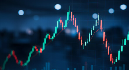 Poster - Stock Market Candlestick Chart Depicting Financial Data in Red and Green Against a Dark Blue Bokeh Background
