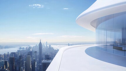 Aufkleber - 高層ビルの展望デッキから望む青空と都市景観 モダンな建築デザインと自然光のコントラスト