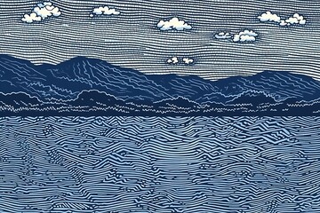 Poster - Abstract digital illustration of a serene landscape featuring a tranquil body of water, distant mountains, and a cloudy sky. The image is rendered in shades of blue, creating a cool and calming