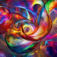 Poster - Abstract image featuring vibrant, multicolored ribbons swirling and intertwining against a dark background. The ribbons are composed of a grid like pattern, creating a textured effect. The colors are