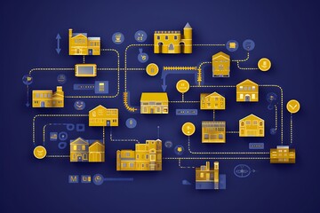 Poster - Abstract illustration depicting a network of interconnected yellow buildings on a dark blue background. The buildings are stylized and connected by lines, suggesting a system or network.  The style