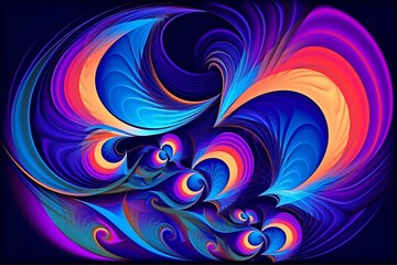 Poster - Abstract swirling artwork in vibrant hues of blue, purple, orange, and pink. The design features dynamic, curved shapes reminiscent of feathers or flames, creating a sense of movement and energy