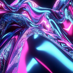 Poster - Abstract digital art of pink and blue iridescent fabric with geometric patterns, rendered in 3D. The digitally created image shows flowing, reflective material with a glossy sheen.  Neon lighting